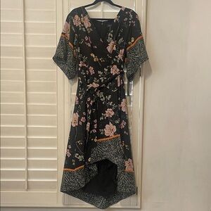 Tahari Black and Pink Floral High Low Dress New